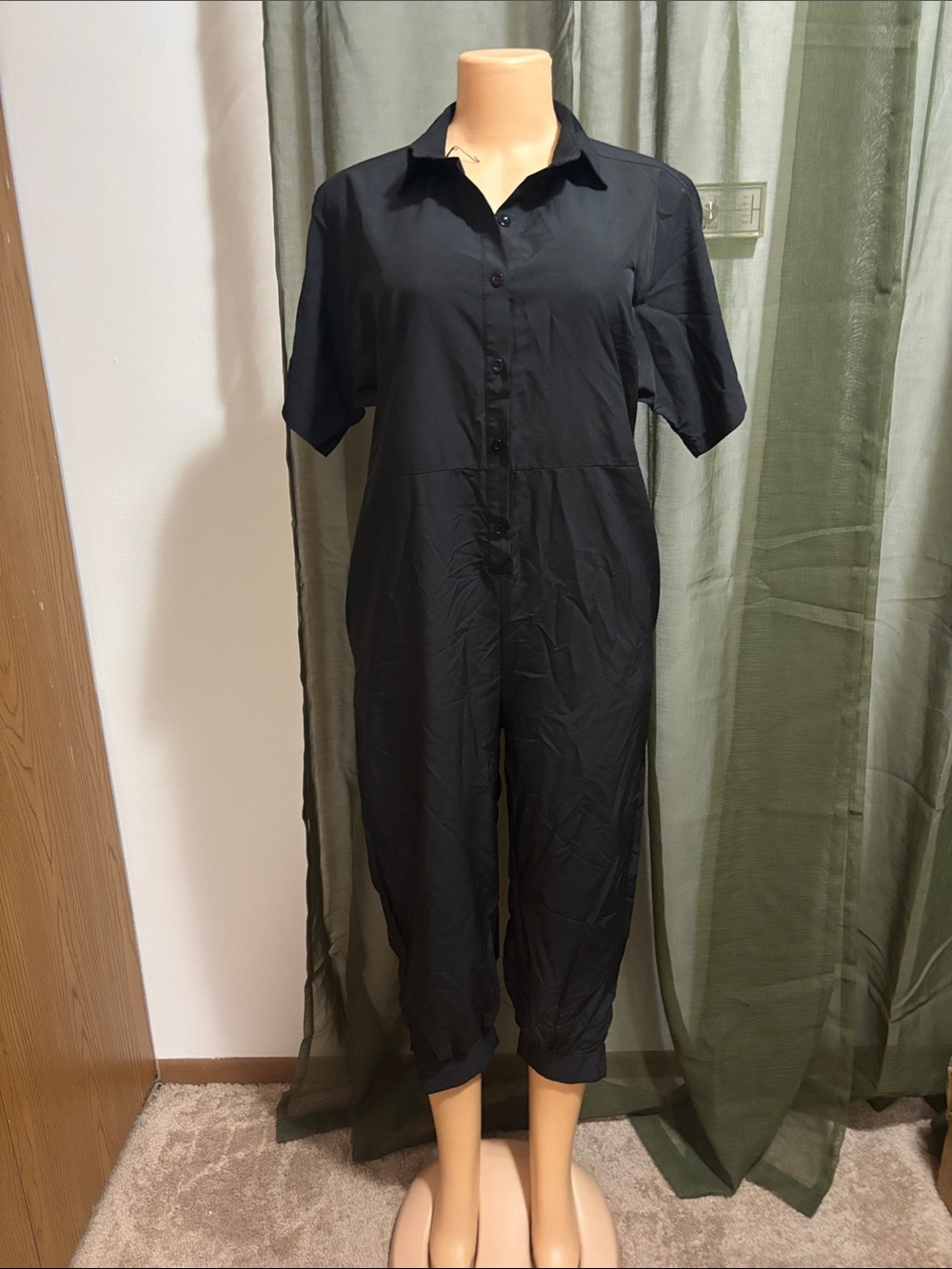 Black Short-Sleeve Button-Front Jumpsuit